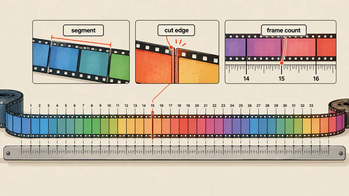 แถบฟิล์มยาวถูกตัดเป็น 33 ท่อนหลายสี มีเลขเฟรมกำกับที่รอยตัดและไม้บรรทัดอยู่ด้านล่าง